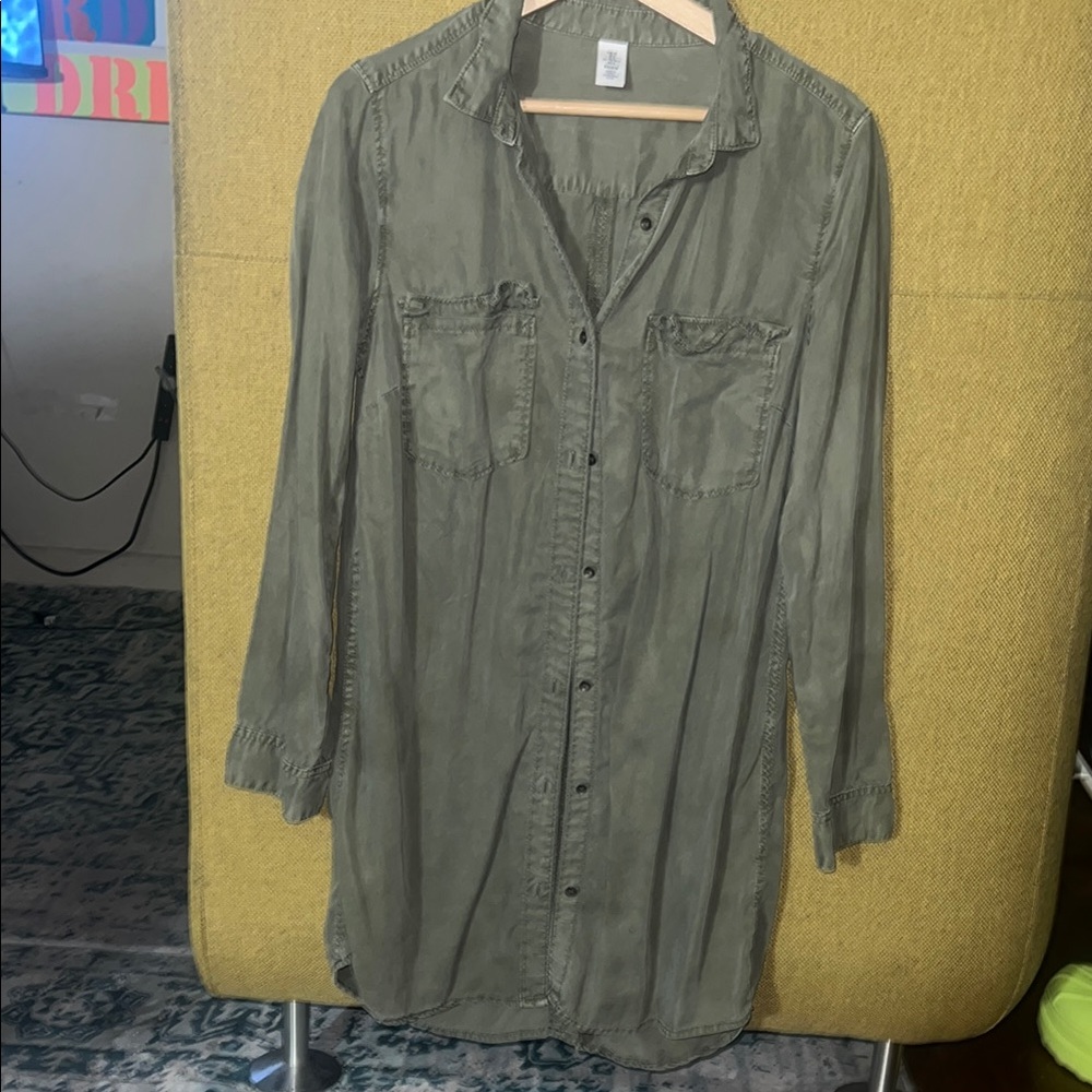 Olive Green Button-Up Shirt Dress